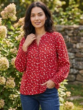 Lucky Brand Gemma Smocked Women’s Size L/G US V-Neck Long Sleeve Blouse Red